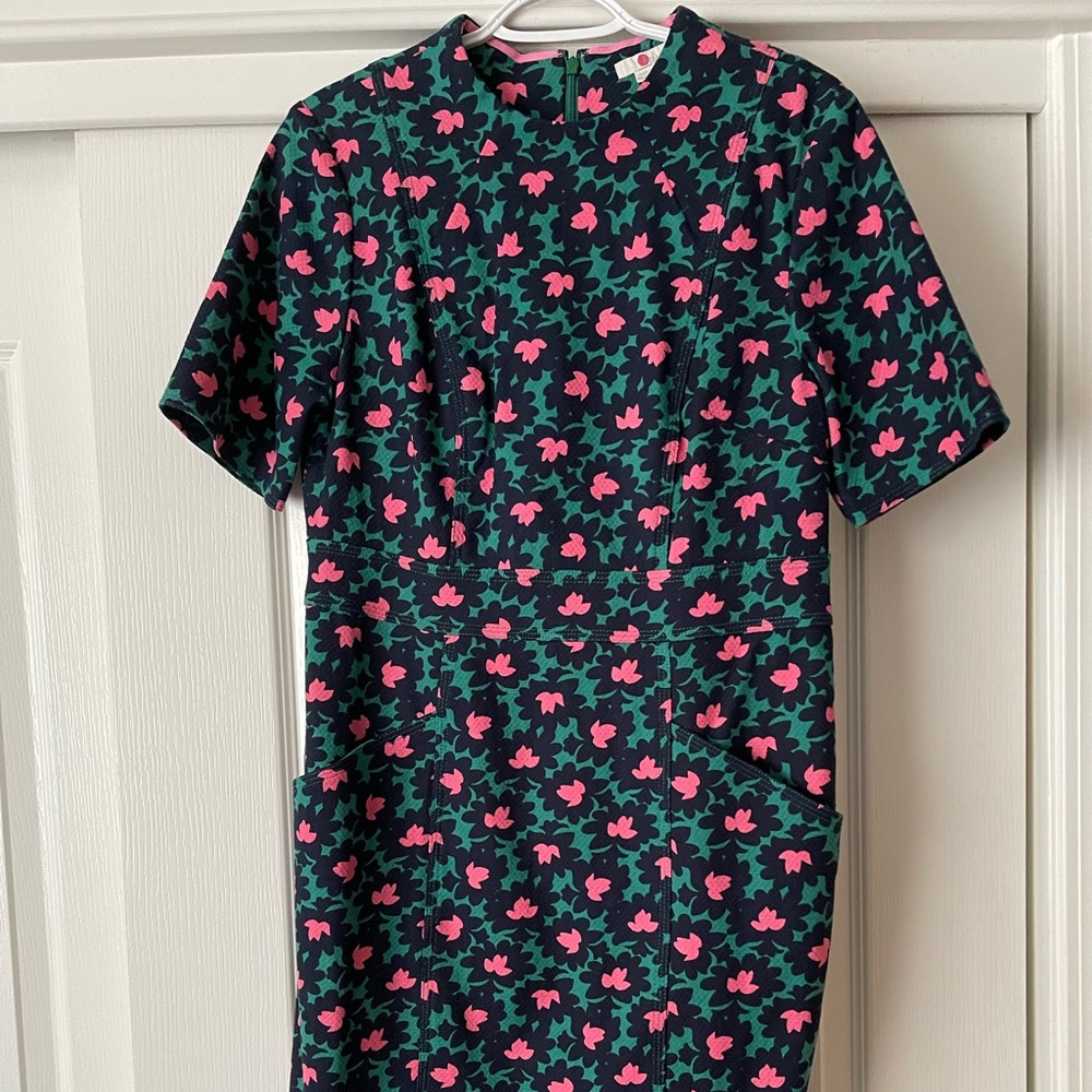 Boden Navy Floral Midi Dress with Pink and Green Print